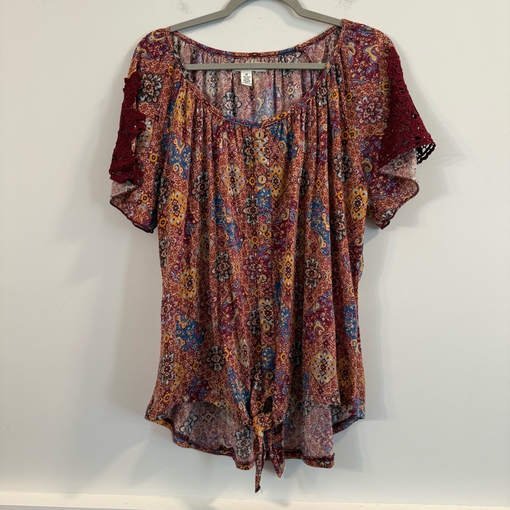 Women’s NY laundry burgundy Floral Bohemian tie front blouse size 2X